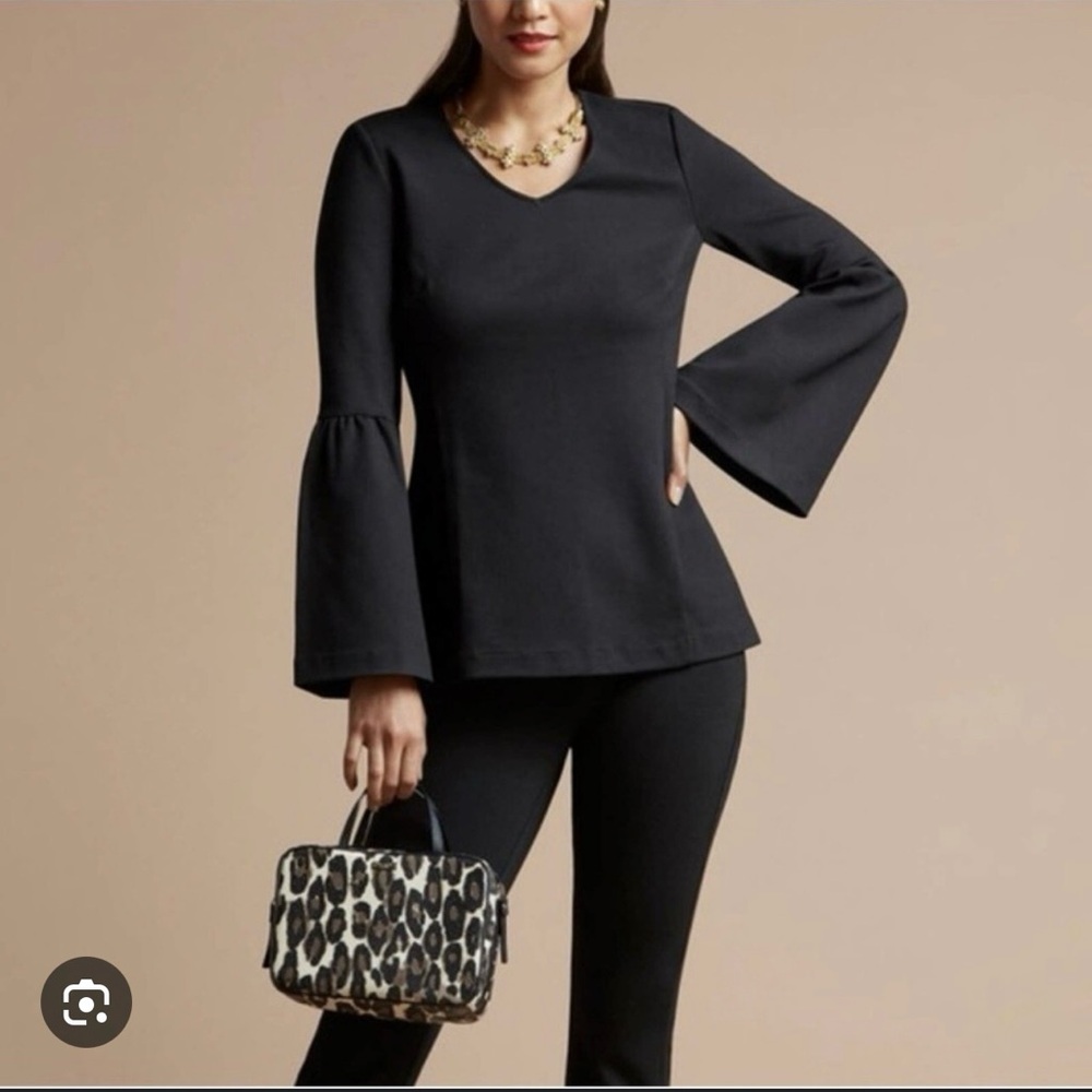 CAbi Black Fitted Bell Sleeve Blouse